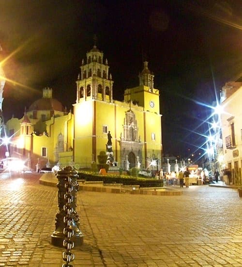 The Basilica lit up at night